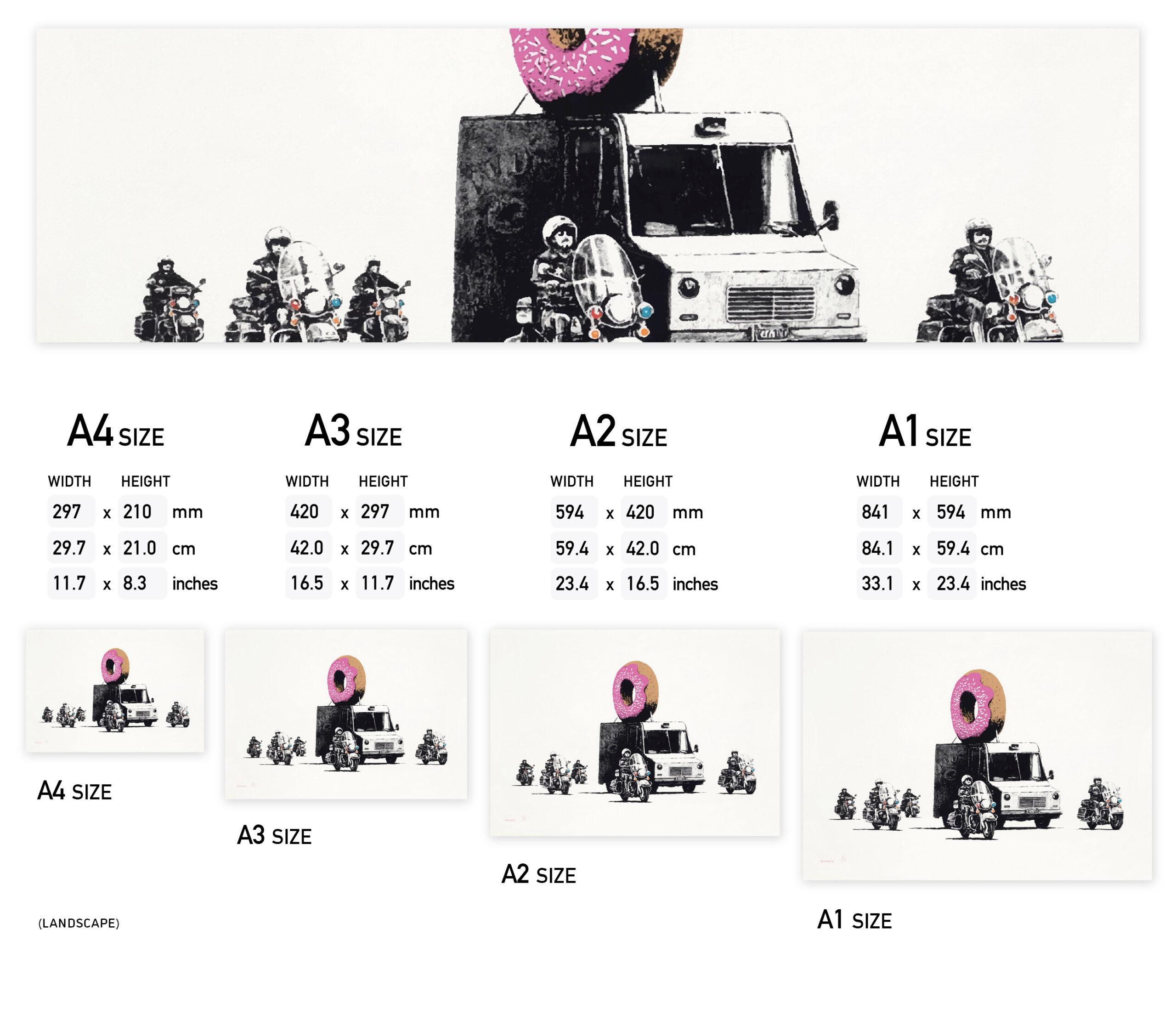 Banksy's Big Donut Motorcade Print – Available in A4 to A1 Sizes, Satirical Art from Dismaland 2015
