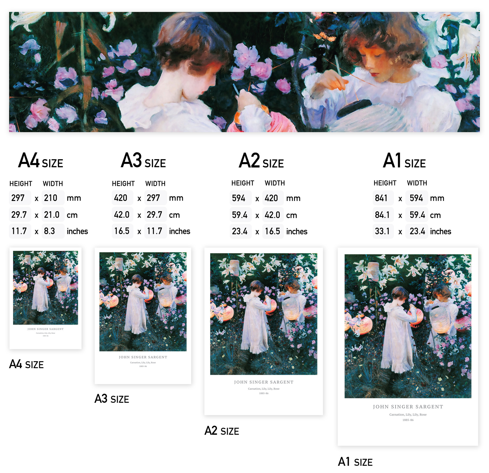 John Singer Sargent, Carnation, Lily, Lily, Rose poster print. Select A4, A3, A2 or A1 size poster.