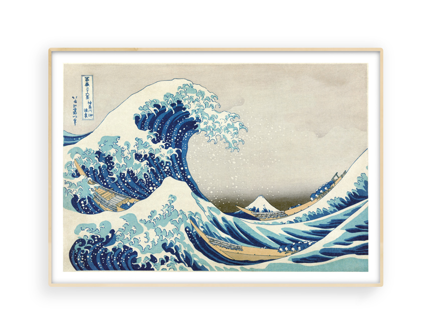 Buy Katsushika Hokusai's The Great Wave off Kanagawa, depicting a massive blue wave cresting over boats with Mount Fuji in the background, available in sizes A4 to A1 (Kanagawa-oki Nami Ura (神奈川沖浪裏)
