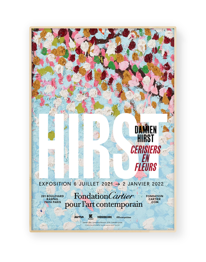 Exhibition poster for Damien Hirst's Cherry Blossoms, featuring vibrant pink cherry blossom flowers against a colorful abstract background.