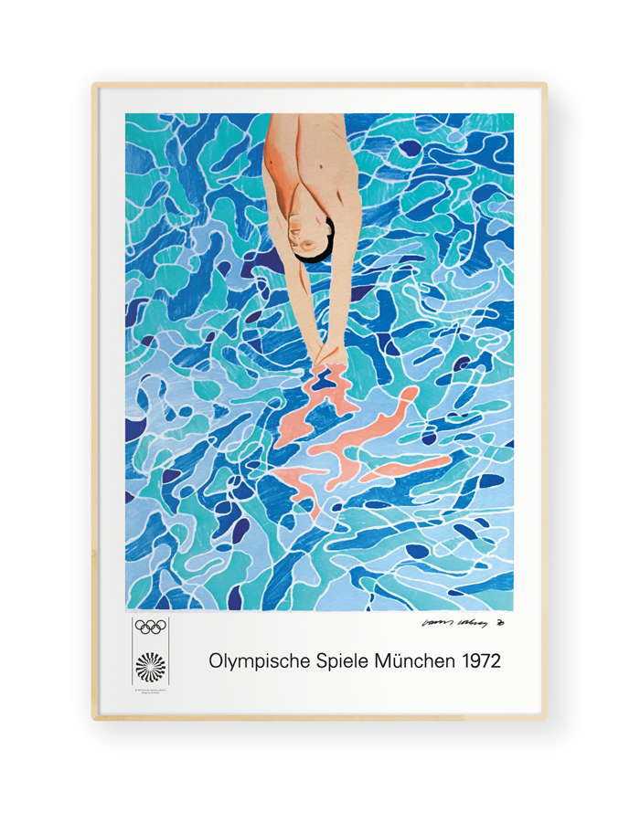 Buy David Hockney's 1972 Olympic poster, titled 'Swimming Pool', featuring a colorful depiction of a pool with dynamic light and shadow, commemorating the Munich Olympic Games.
