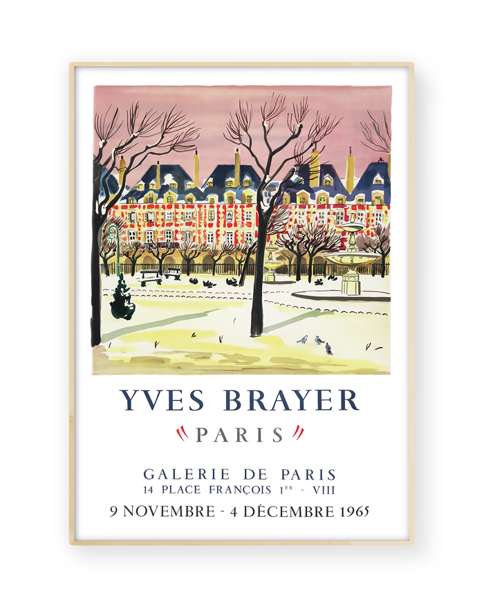 Yves Brayer 'Place des Vosges' exhibition poster from Galerie de Paris, 9th Nov to 4th Dec 1965, featuring a winter scene with red buildings in the famous Paris square.