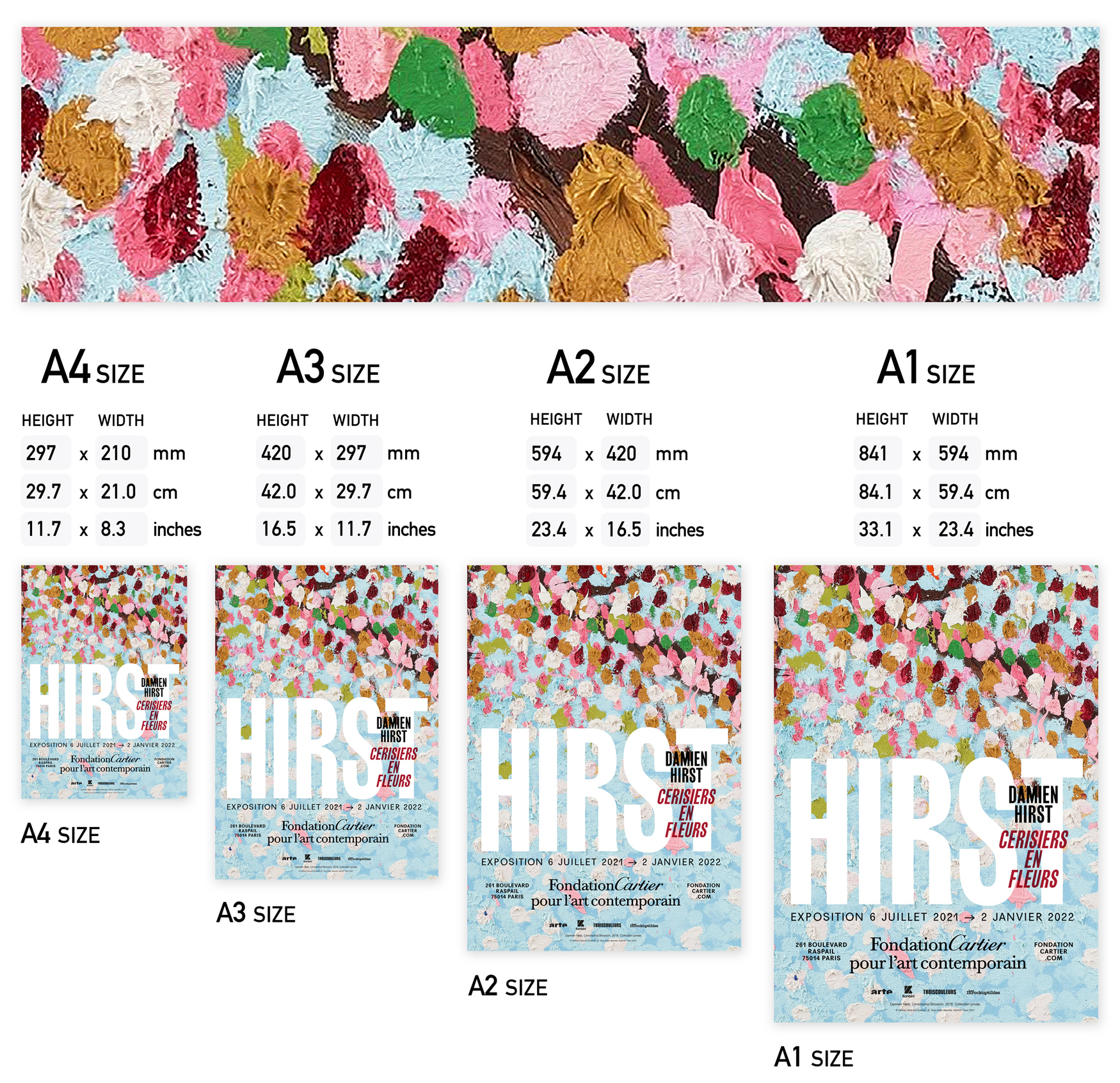 Limited edition exhibition poster for Damien Hirst's Cherry Blossoms, featuring vibrant pink cherry blossom flowers against a colorful abstract background.