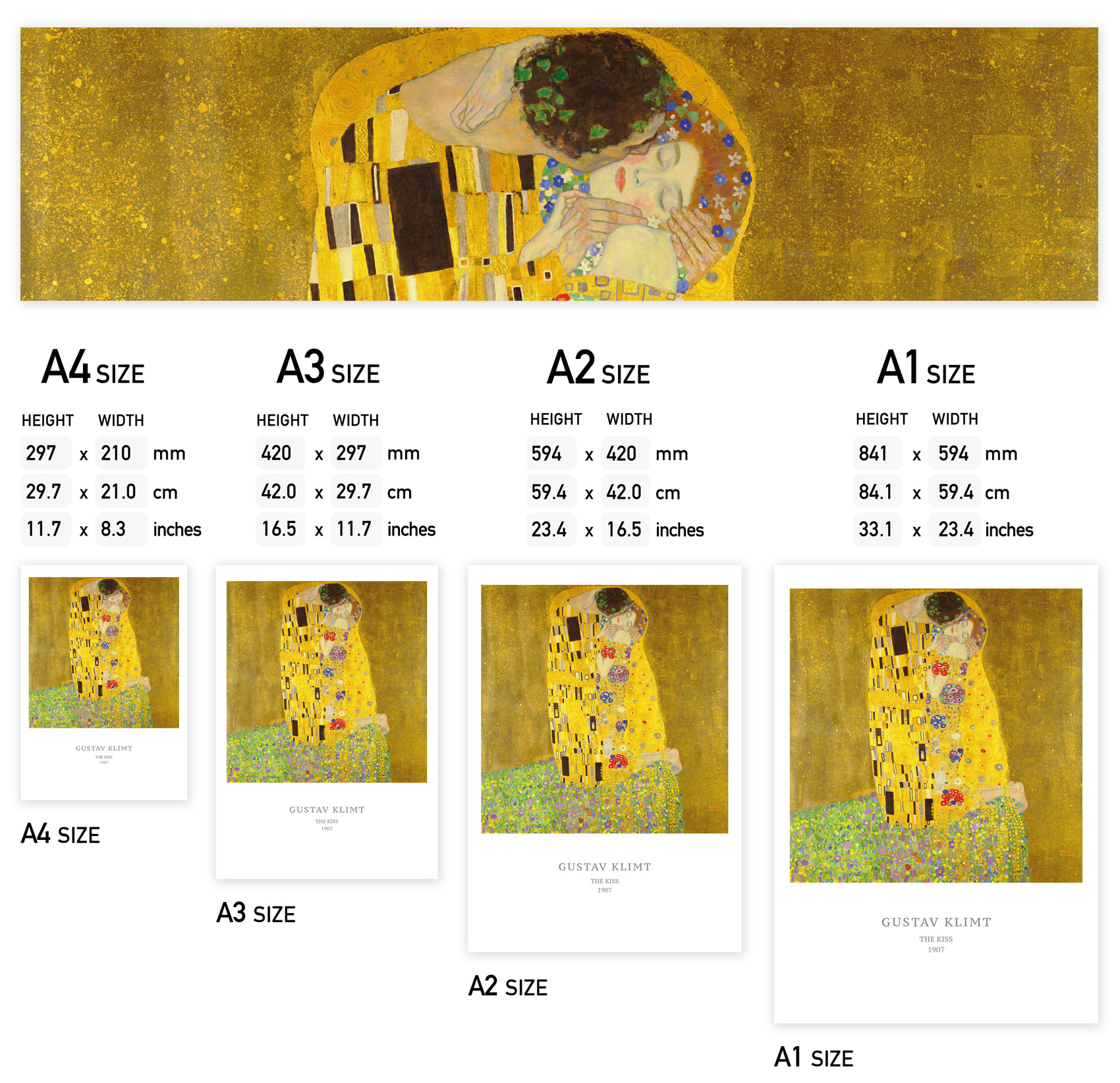 Buy Gustav Klimt, The Kiss - 1907, poster print. Select A4, A3, A2 or A1 size poster.