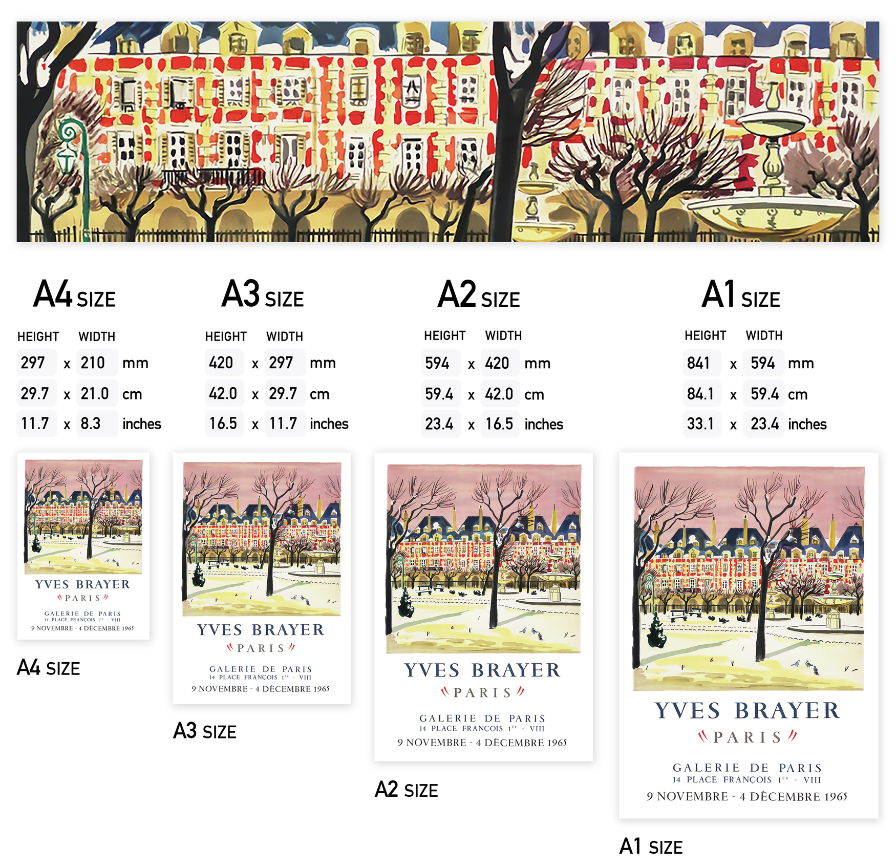 Yves Brayer 'Place des Vosges' exhibition poster from Galerie de Paris, 9th Nov to 4th Dec 1965, featuring a winter scene with red buildings in the famous Paris square. A2 size poster print.